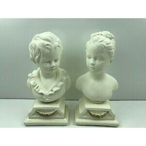 Pr 1950's Alex. Backer Chalk Ware Bookends Boy & Girl Heads on Pediments 9"T GVC
